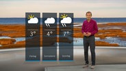 NDR Moderator Meeno Schrader steht im Studio mit der Wettervorhersage. © NDR 