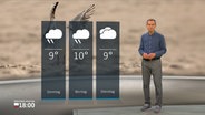 NDR Moderator Meeno Schrader steht im Studio mit der Wettervorhersage. © NDR 