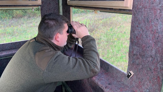 Eine Person in einem Hochsitz betrachtet blickt durch ein Fernglas © NDR Foto: Lena Haamann