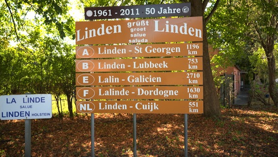 Auf einem Schild steht: "50 Jahre - Linden grüßt Linden". © NDR 