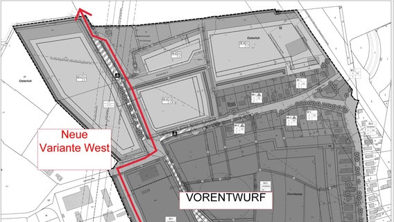 Schwarz weiße Grafik von einem Gelände in Pinneberg auf dem die neu Zentralklinik gebaut werden soll. Es ist ein roter Strich für die neue Straße eingezeichnet. © Stadt Pinneberg 