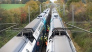 Zwei Züge stehen nebeneinander auf zwei Gleisen. Zwischen den Zügen befinden sich viele Einsatzkräfte der Feuerwehr, die an dem Zug arbeiten. © NEWS5 Foto: René Schröder