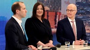 Peter Tschentscher (SPD), Katharina Fegebank (Bündnis 90/Die Grünen) und Dennis Thering (CDU) bei der Spitzenrunde im Wahlstudio. © picture alliance/dpa | Christian Charisius Foto: Christian Charisius