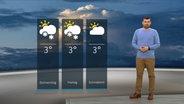 NDR Moderator Sebastian Wache steht im Studio mit der Wettervorhersage. © NDR 