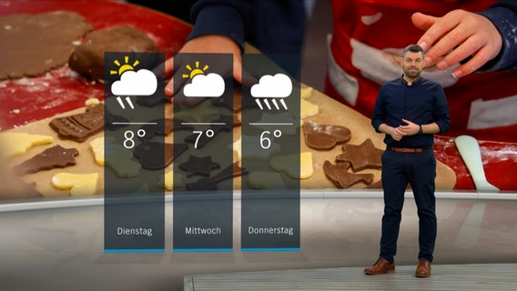 NDR Moderator Sebastian Wache steht im Studio mit der Wettervorhersage. © NDR 