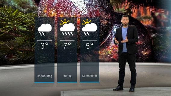 NDR Moderator Sebastian Wache steht im Studio mit der Wettervorhersage. © NDR 