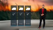 NDR Moderator Sebastian Wache steht im Studio mit der Wettervorhersage. © NDR 