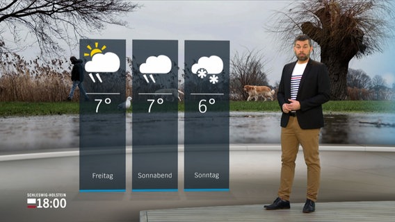 NDR Moderator Sebastian Wache steht im Studio mit der Wettervorhersage. © NDR 