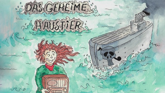 Cover zur Geschichte "Das geheime Haustier", Zeichnung/Aquarell mit einem Mädchen, das ein Radio in der Hand hält und auf ein Schiff mit qualmendem Schornstein blickt (Zeichnung: Jelto Ringena) © NDR 2 