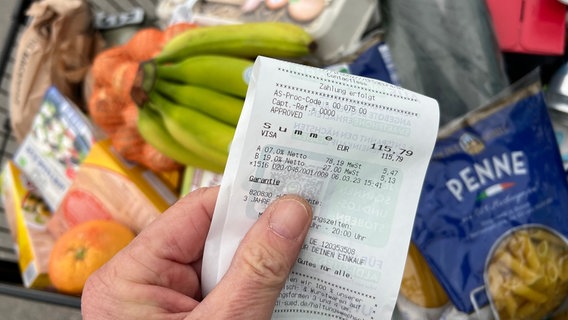 Lebensmittelpreise.Ein Blick auf den Kassenbon loest bei den Verbrauchern Entsetzen aus. Lebenshaltungskosten in Deutschland auf Rekordhoch. Waren,Gueter,Lebensmittel im Einkaufswagen, Discounter,Einkauf,Inflation,Verbraucherpreise,Teuerung © picture alliance / SvenSimon | Frank Hoermann/SVEN SIMON Foto: picture alliance / SvenSimon | Frank Hoermann/SVEN SIMON