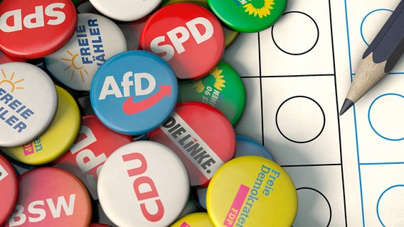 Symbolbild mit verschiedenen Parteien und einem Stimmzettel © picture alliance / Zoonar | DesignIt 