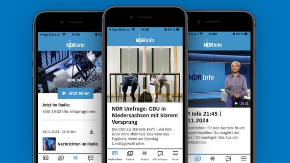 Drei nebeneinander liegende Handys, auf denen verschiedene Ansichten der NDR Info App zu sehen sind. © NDR 