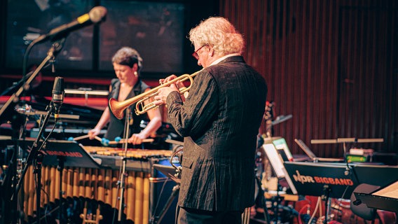 Perkussionistin und Vibraphonistin Evi Filippou mit Trompeter Tim Hagans und der NDR Bigband beim Konzert in Hannover. © NDR Foto: Peer Bothmer