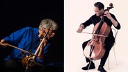 Collage von Kamantschespieler Kayhan Kalhor und Cellist Yo-Yo Ma (v.l.). © Hamidreza Shirmohammedi | Jason Bell 