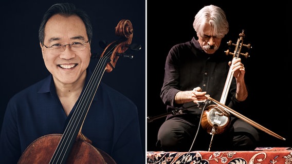 Collage von Cellist Yo-Yo Ma und Kamantschespieler Kayhan Kalhor (v.l.). © Nima Nazemi | Jason Bell 