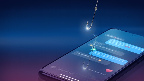 Auf dem Display eines iPhones steht der Chatverlauf mit vielen Herzen. Über dem iPhone schwebt ein Angelhaken. © Imago 