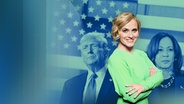 Caren Miosga vor Fotos von Harris und Trump © ARD 