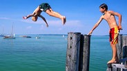 Zwei Jungen springen in einen Badesee. © Picture-Alliance/Bildagentur Huber 