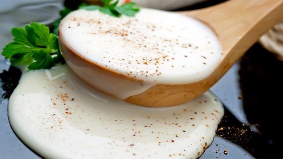 Bechamelsauce auf einem Holzlöffel. © Fotolia.com Foto: Marzia Giacobbe