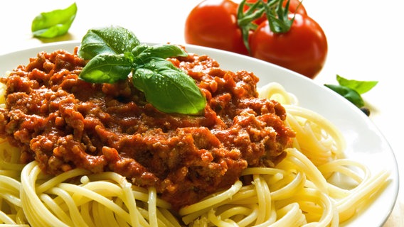 Ein Teller mit Spaghetti bolognese und Basilikum dekoriert. © fotolia Foto: Inga Nielsen