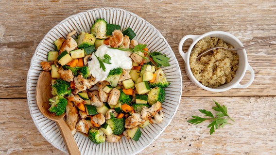 Ein Teller mit gebratenem Gemüse und Hähnchenbrust. © NDR Foto: Claudia Timmann