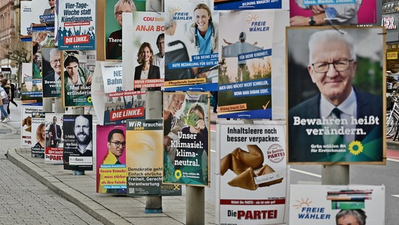 Viele Wahlplakate hängen vor einer Landtagswahl an einer Straße. © picture alliance / Daniel Kubirski Foto: Daniel Kubirski
