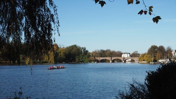 Ein 8er-Ruderboot im Herbst an der Hamburger Alster vor der Krugkoppelbrücke. © NDR Foto: Anja Deuble