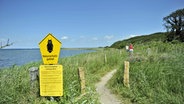 Radfahrer fahren auf einem Weg am Wasser entlang durch das Naturschutzgebiet Geltinger Birk. © imago images/Niehoff 