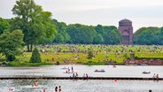 Menschen auf der großen Festwiese im Hamburger Stadtpark, im Vordergrund der Stadtparksee, hinten das Planetarium. © picture alliance/dpa Foto: Daniel Bockwoldt