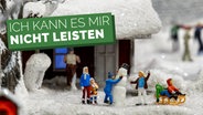 Eine Szene des Miniatur Wunderlandes mit Menschen im Schnee, dazu die Aufschrift "Ich kann es mir nicht leisten". © Miniatur Wunderland 