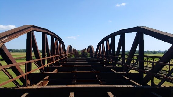 Blick von oben auf Teile der historischen Eisenbahnbrücke bei Dömitz. © NDR Foto: Kathrin Weber