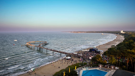 Die Seebrücke in Timmendorfer Strand mit zahlreichen Besuchern aus der Vogelperspektive © Timmendorfer Strand Niendorf Tourismus GmbH Foto: Olaf Malzahn