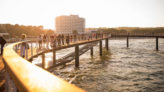 Besucher auf der Seebrücke in Timmendorfer Strand bei untergehender Sonne © Timmendorfer Strand Niendorf Tourismus GmbH Foto: Olaf Malzahn