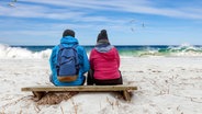 Ein Paar in warmen Jacken und mit Rucksack sitzt am Strand und blickt auf das Meer. © photocase.de Foto: Nordreisender