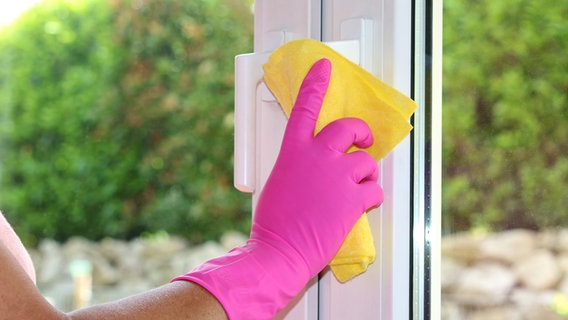 Eine Frau mit pinkfarbenen Gummihandschuhen putzt Fenster. © Colourbox 