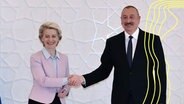 Der aserbaidschanische Präsident Ilham Aliyev schüttelt der Präsidentin der Europäischen Kommission, Ursula von der Leyen, während eines Treffens in Baku die Hand. © picture alliance 