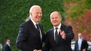 US-Präsident Joe Biden schüttelt Bundeskanzler Olaf Scholz in Berlin die Hand. © picture alliance/dpa | Sebastian Gollnow Foto: Sebastian Gollnow