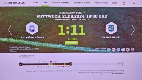 Screenshot vom Spielbericht Phönix Lübeck - SV Todesfelde auf der Plattform fussball.de © NDR 