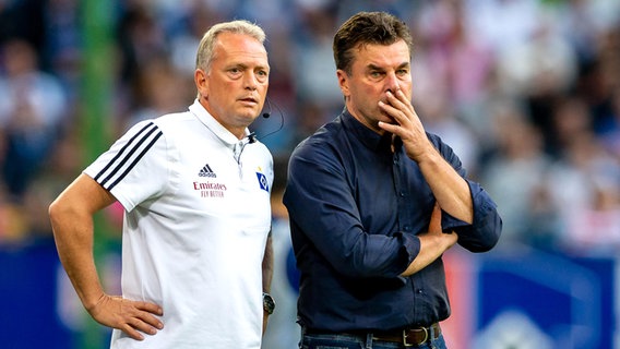 Co-Trainer Dirk Bremser und Trainer Dieter Hecking (v.l.) vom Hamburger SV (Foto aus dem Jahr 2019) © IMAGO / Philipp Szyza 