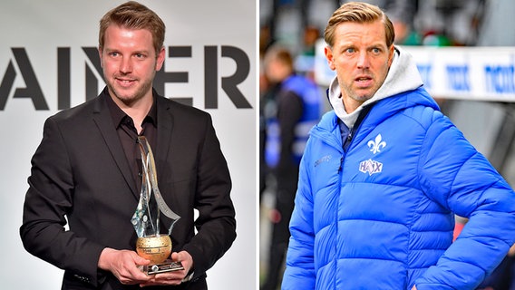 Florian Kohfeldt - bei seiner Auszeichung als Trainer des Jahres im Jahr 2019 (l.) und fünf Jahre später beim SV Darmstadt 98 © picture alliance / IMAGO Foto: Revierfoto / Sportfoto Zink