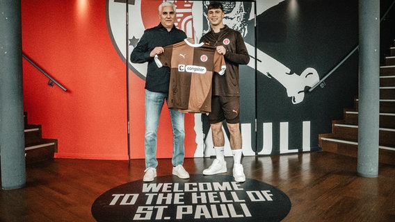 St. Paulis Sportchef Andreas Bornemann (l.) mit Noah Weißhaupt © FC St. Pauli 