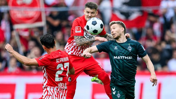 Werder Bremens Mitchell Weiser (r.) im Kopfballduell mit Freiburgs Lukas Kübler (Mitte) und Freiburgs Nicolas Höfler. © picture alliance / dpa 