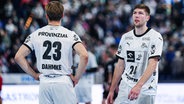 THW Kiel enttaeuscht/enttaeuschung nach Niederlage GER, THW Kiel vs. MT Melsungen, Handball, Bundesliga, Spieltag, 4, Rune Dahmke und Lukas Zerbe © imago images / Eibner 