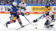 Ty Ronning (l.) von den Eisbären Berlin im Duell mit Gregory Kreutzer von den Fischtown Pinguins Bremerhaven © IMAGO / HMB-Media 