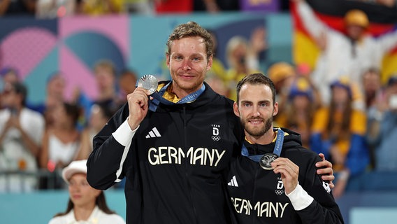 Die Beachvolleyballer Nils Ehlers (l.) und Clemens Wickler bei Olympia in Paris © IMAGO/BEAUTIFUL SPORTS Foto: Tom Bloch