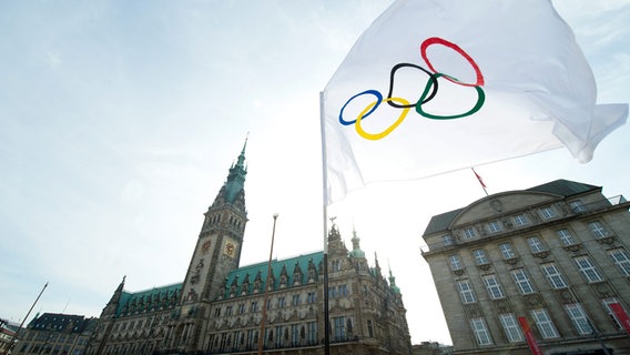 Im Jahr 2015 wehte die Olympische Fahne vor dem Hamburger Rathaus © Witters Foto: Tim Groothuis