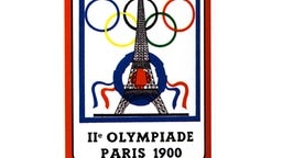 Das Olympialogo der 2. Olympischen Spiele der Neuzeit in Paris mit dem Eiffelturm und den Olympischen Ringen. © picture-alliance / dpa