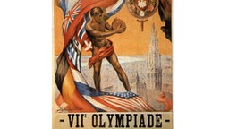 Ein junger Diskuswerfer in antiker Nackheit steht im Mittelpunkt dieses romantisch gestalteten Plakats, das den VII. Olympischen Spielen gewidmet ist. Die Spiele finden vom 07. Juli bis zum 12. September 1920 im belgischen Antwerpen (Anvers) statt. © picture-alliance / dpa 