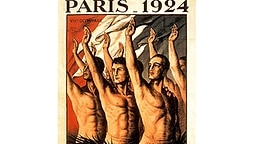 Die graphische Darstellung durchtrainierter Athletenkörper prägt die Gestaltung dieses Plakats zu den VIII. Olympischen Spielen, die vom 04. Mai bis zum 27. Juli 1924 in der französischen Metropole Paris ausgetragen werden. © picture-alliance / dpa 