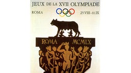 Hauptmotiv dieses Plakats zu den XVII. Olympischen Spielen, die vom 25. August bis zum 11. September 1960 in Rom ausgetragen werden, ist auf einem reichgeschmückten Kapitell die Kapitolinische Wölfin, die Romulus und Remus nährt, die legendären Gründer der Stadt. © picture-alliance / dpa